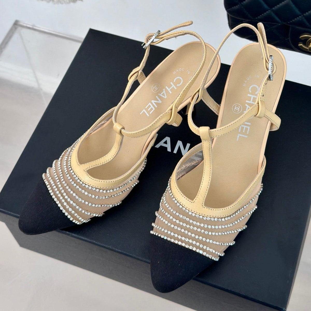 Chanel Crystal Flat High Heel Sandals Beige Cream