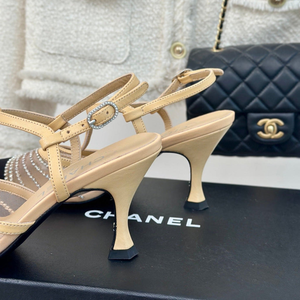 Chanel Crystal Flat High Heel Sandals Beige Cream