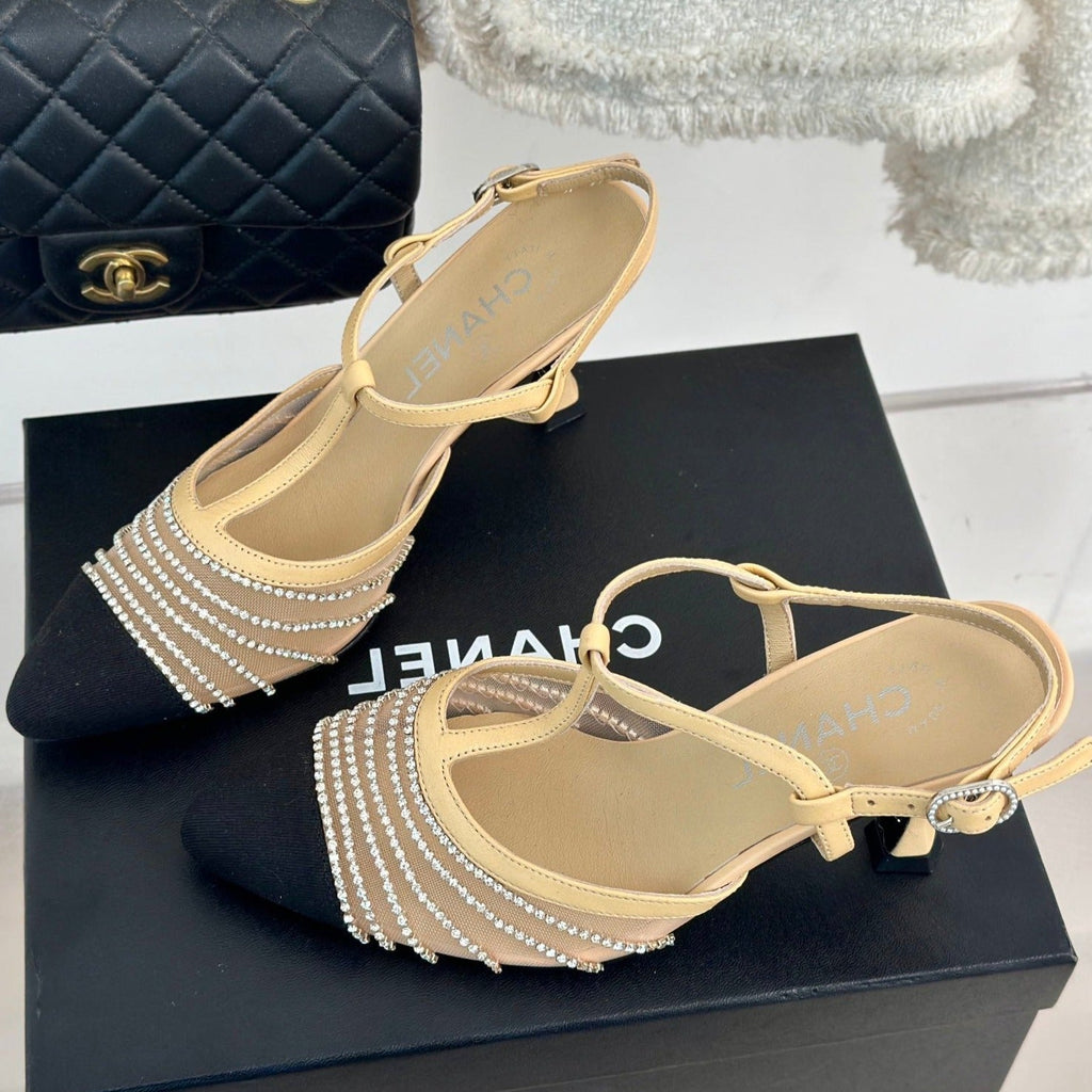 Chanel Crystal Flat High Heel Sandals Beige Cream