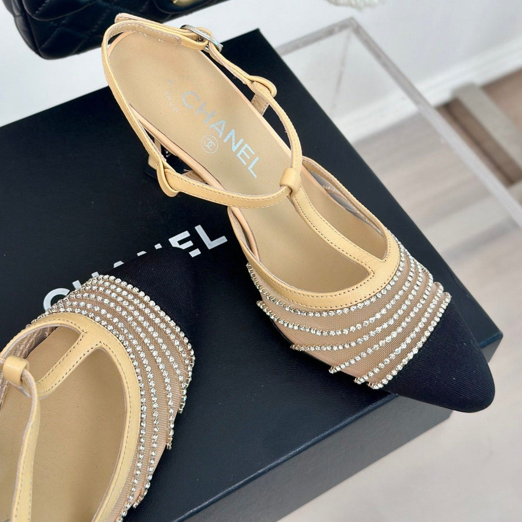 Chanel Crystal Flat High Heel Sandals Beige Cream