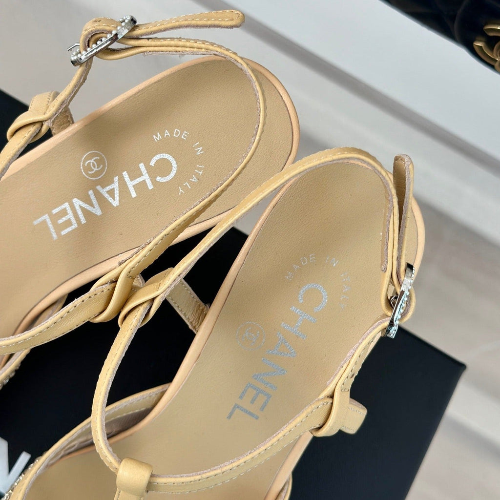 Chanel Crystal Flat High Heel Sandals Beige Cream