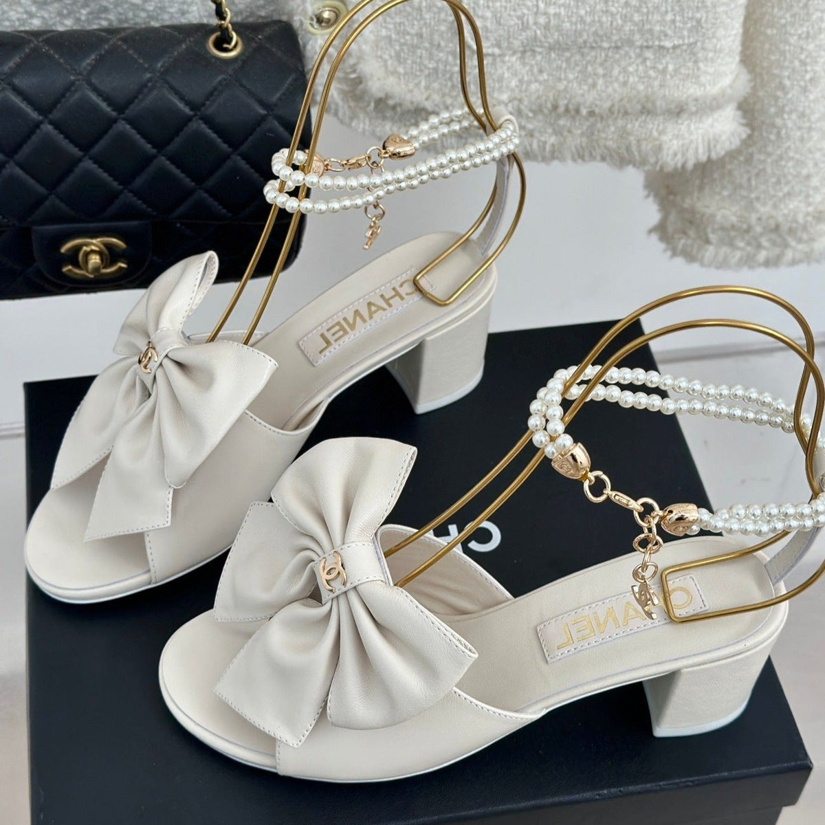Chanel Double C Big Bow Pearl Chain High Sandals White Lambskin