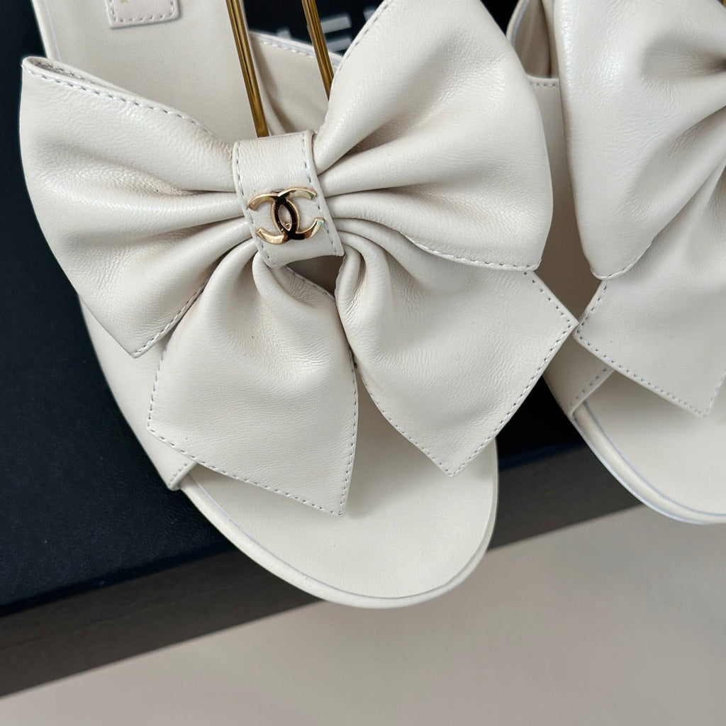 Chanel Double C Big Bow Pearl Chain High Sandals White Lambskin