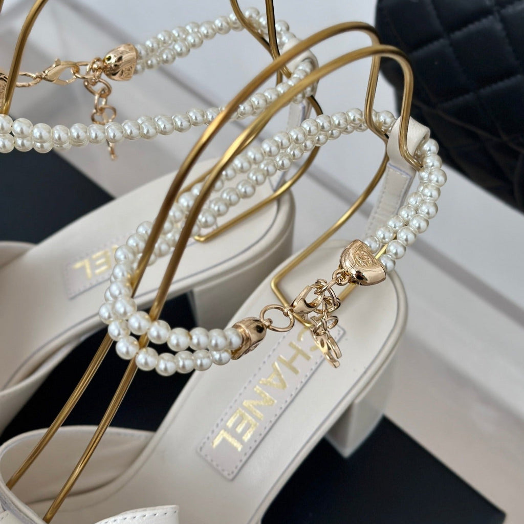 Chanel Double C Big Bow Pearl Chain High Sandals White Lambskin