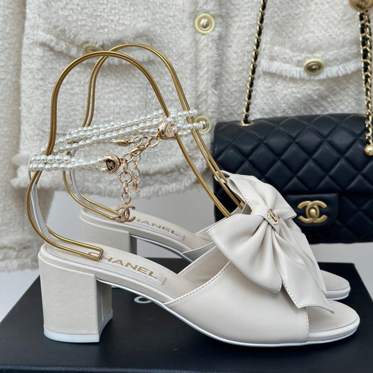 Chanel Double C Big Bow Pearl Chain High Sandals White Lambskin