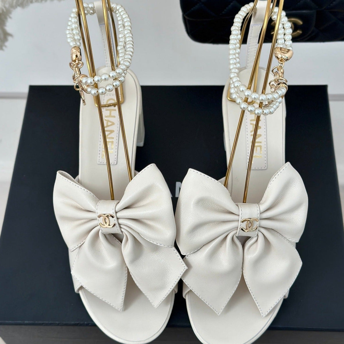 Chanel Double C Big Bow Pearl Chain High Sandals White Lambskin