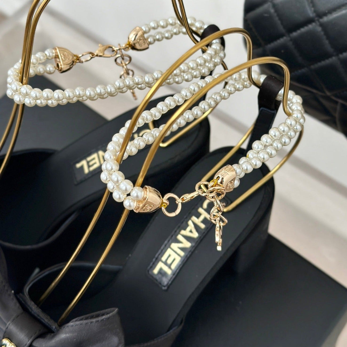 Chanel Double C Big Bow Pearl Chain High Sandals Black Lambskin