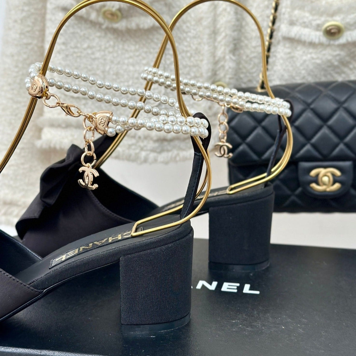 Chanel Double C Big Bow Pearl Chain High Sandals Black Lambskin