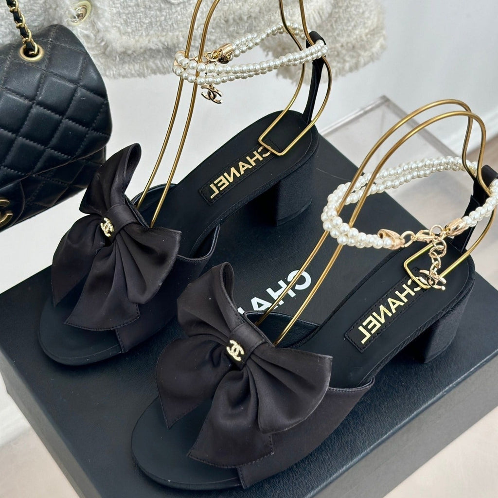 Chanel Double C Big Bow Pearl Chain High Sandals Black Lambskin