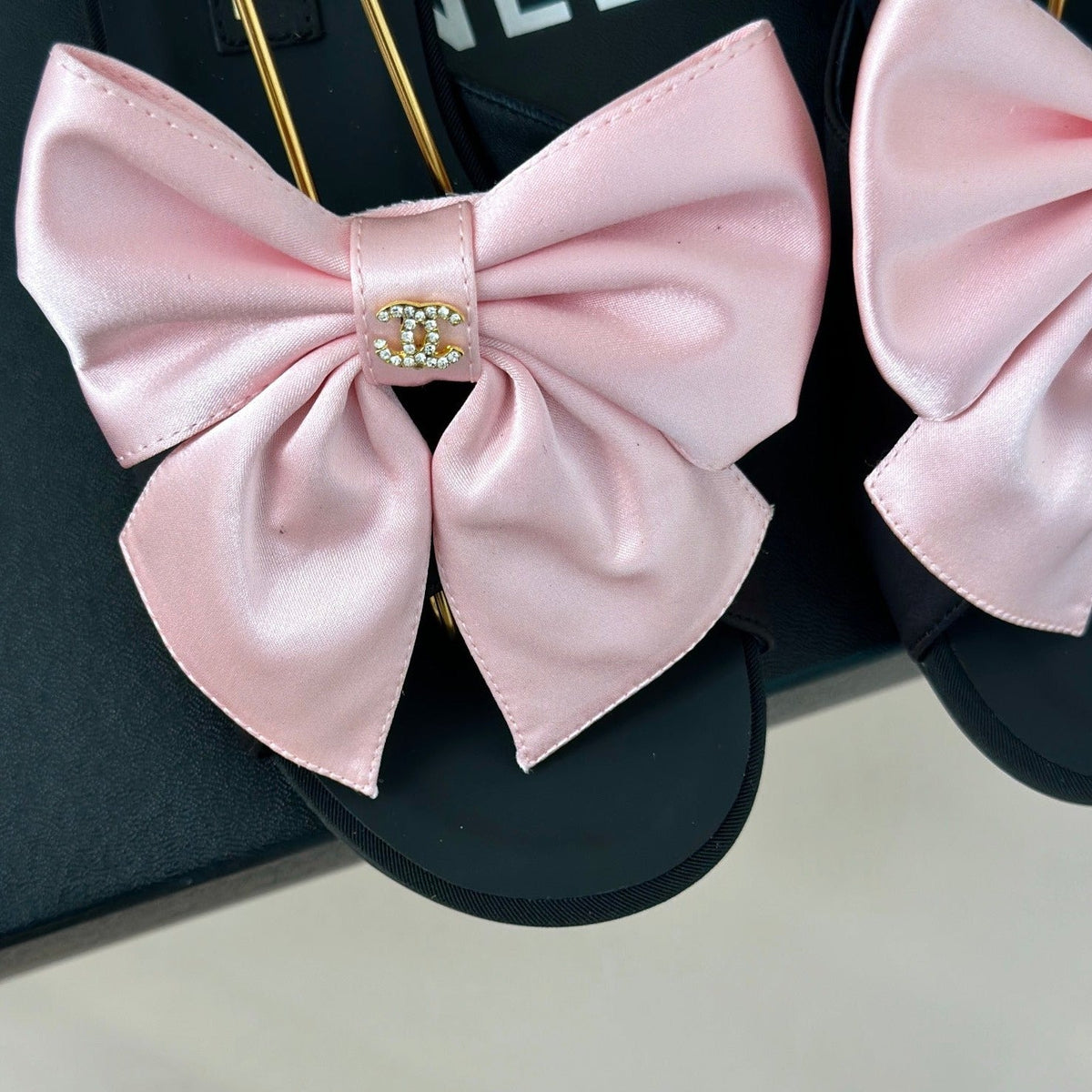 Chanel Double C Big Bow Pearl Chain Sandals Light Pink Black Lambskin