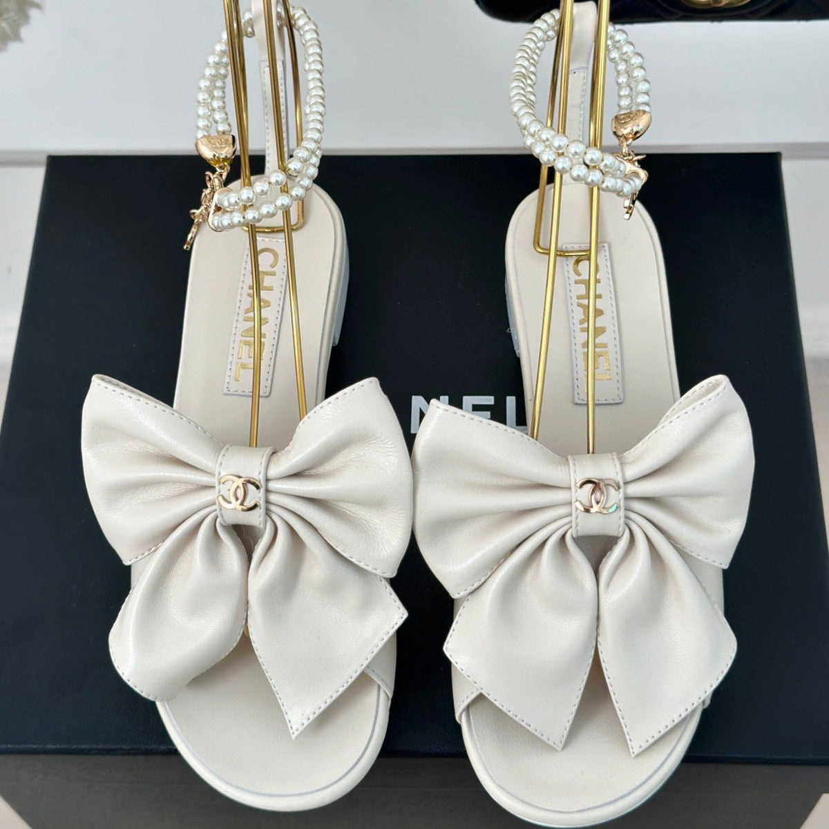 Chanel Double C Big Bow Pearl Chain Sandals White Lambskin