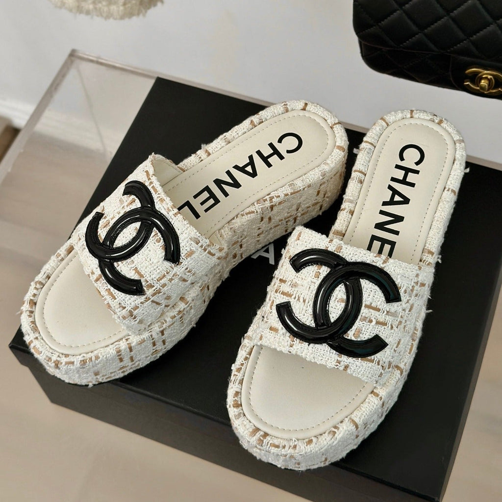 Chanel Classic Slippers Thick Sole in White Mix Brown Tweed