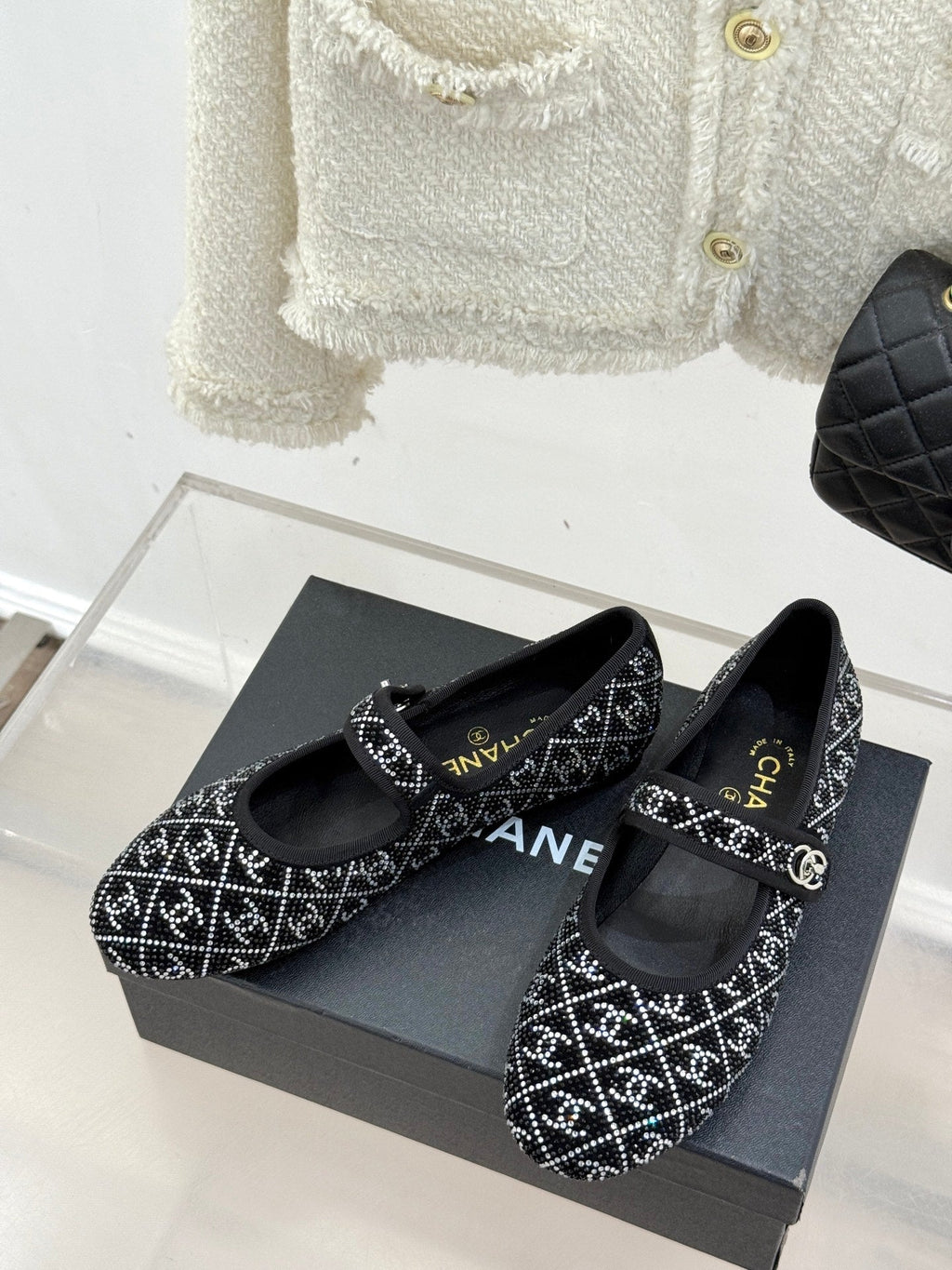 Chanel Flat Mary Jane 25SS in Black Embellished with Rhinestones