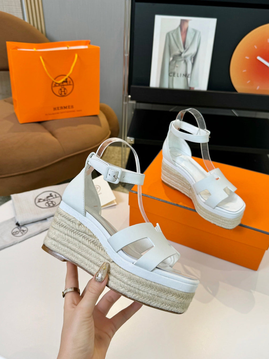 Hermes Elda Espadrille 80 White Calfskin