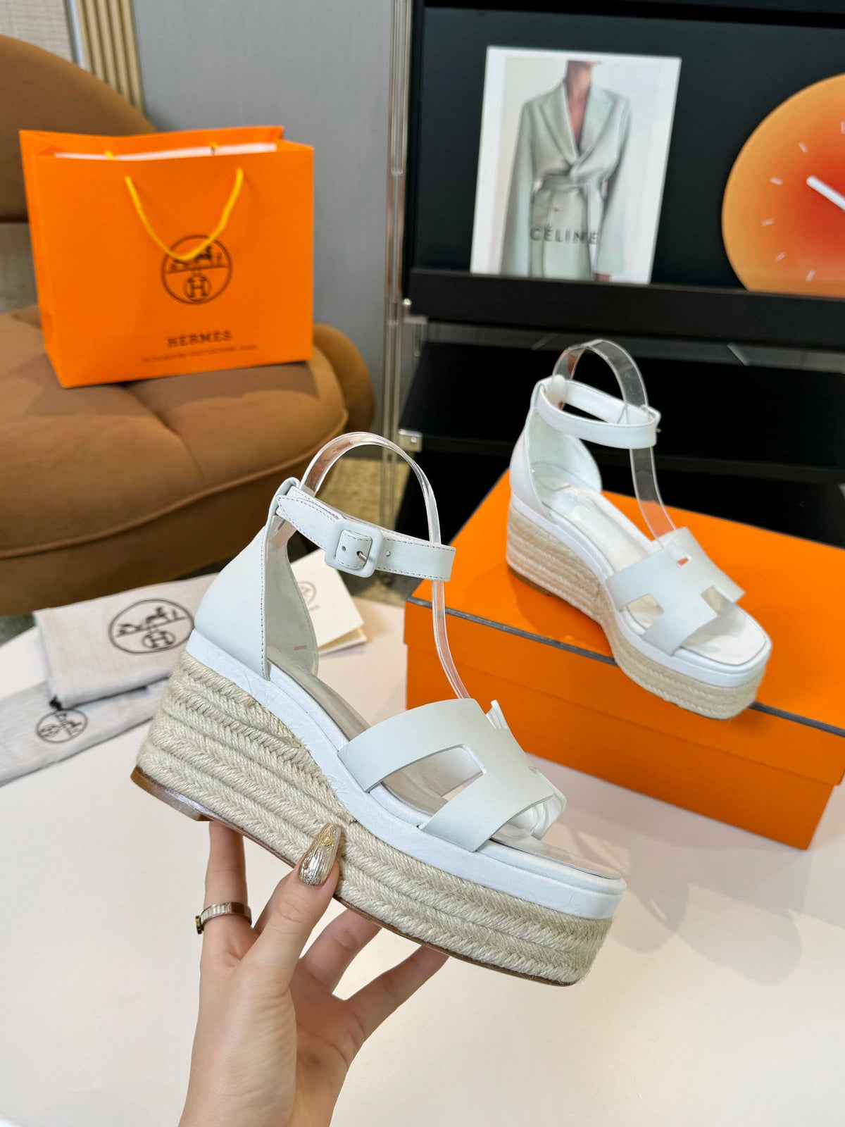 Hermes Elda Espadrille 80 White Calfskin