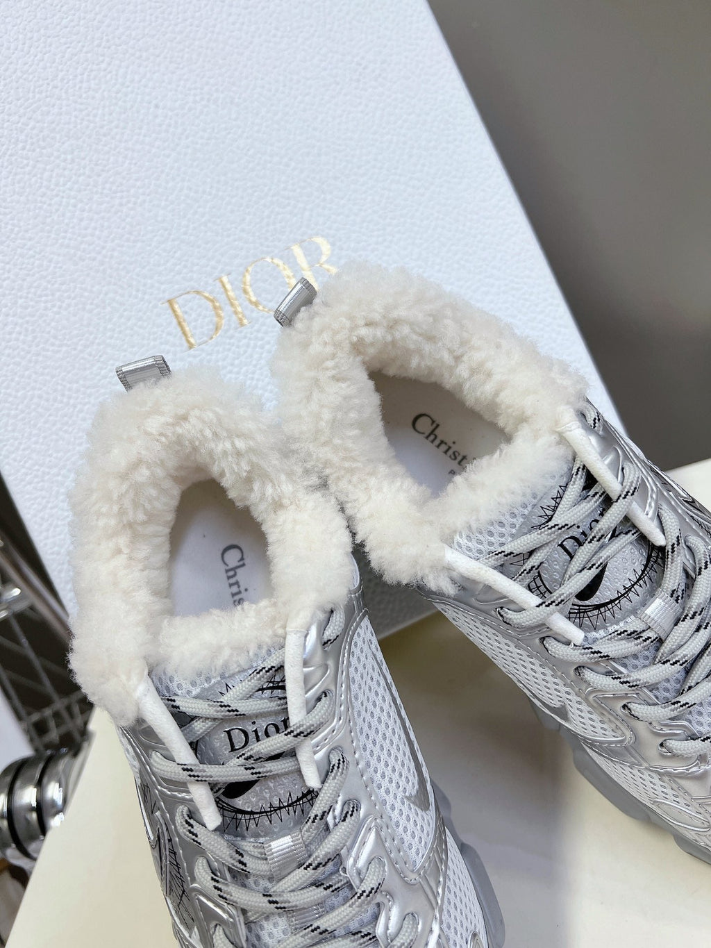 Dior Chrono Sneaker 25S in Silver Lambskin and Mesh Fabric Style 1