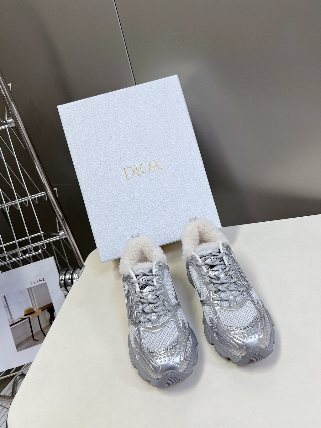 Dior Chrono Sneaker 25S in Silver Lambskin and Mesh Fabric Style 1