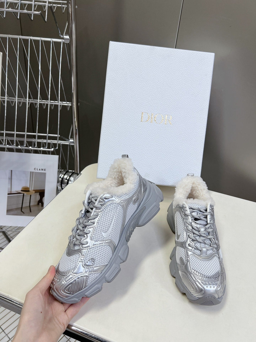 Dior Chrono Sneaker 25S in Silver Lambskin and Mesh Fabric Style 1