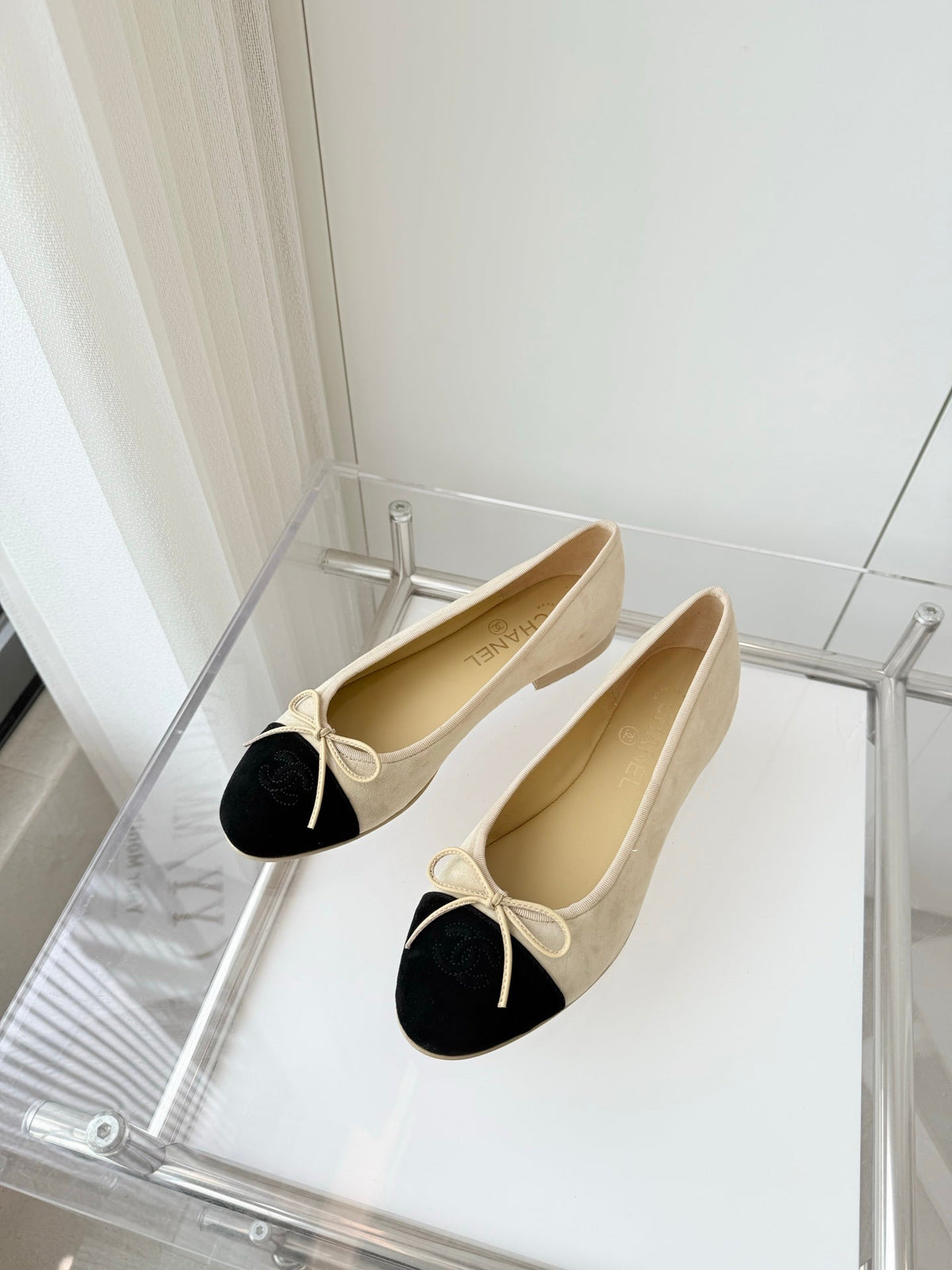 Chanel Ballet Flat in Light Yellow Mix Black Suede