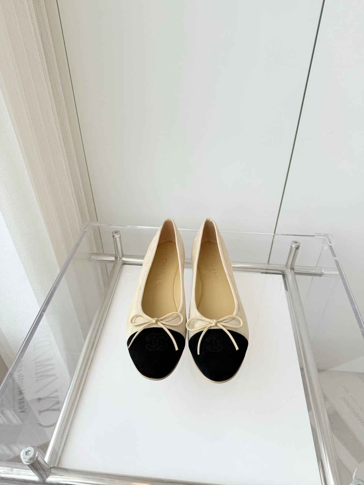 Chanel Ballet Flat in Light Yellow Mix Black Suede