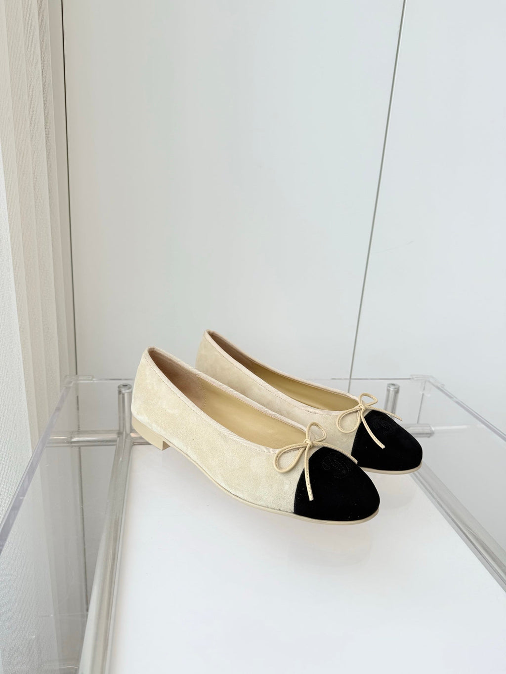 Chanel Ballet Flat in Light Yellow Mix Black Suede