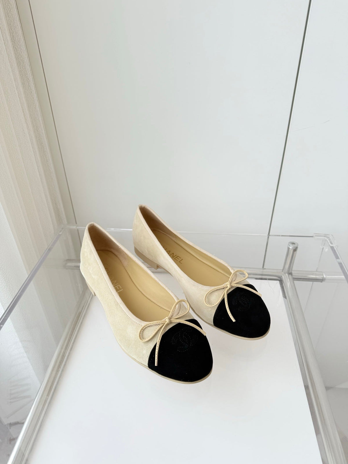Chanel Ballet Flat in Light Yellow Mix Black Suede