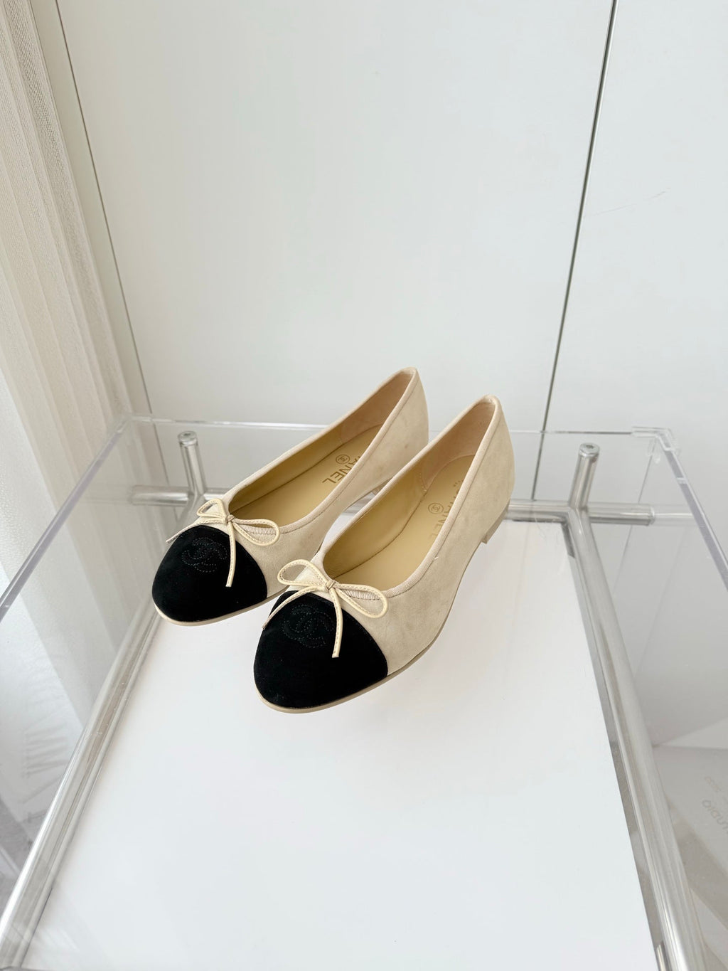 Chanel Ballet Flat in Light Yellow Mix Black Suede