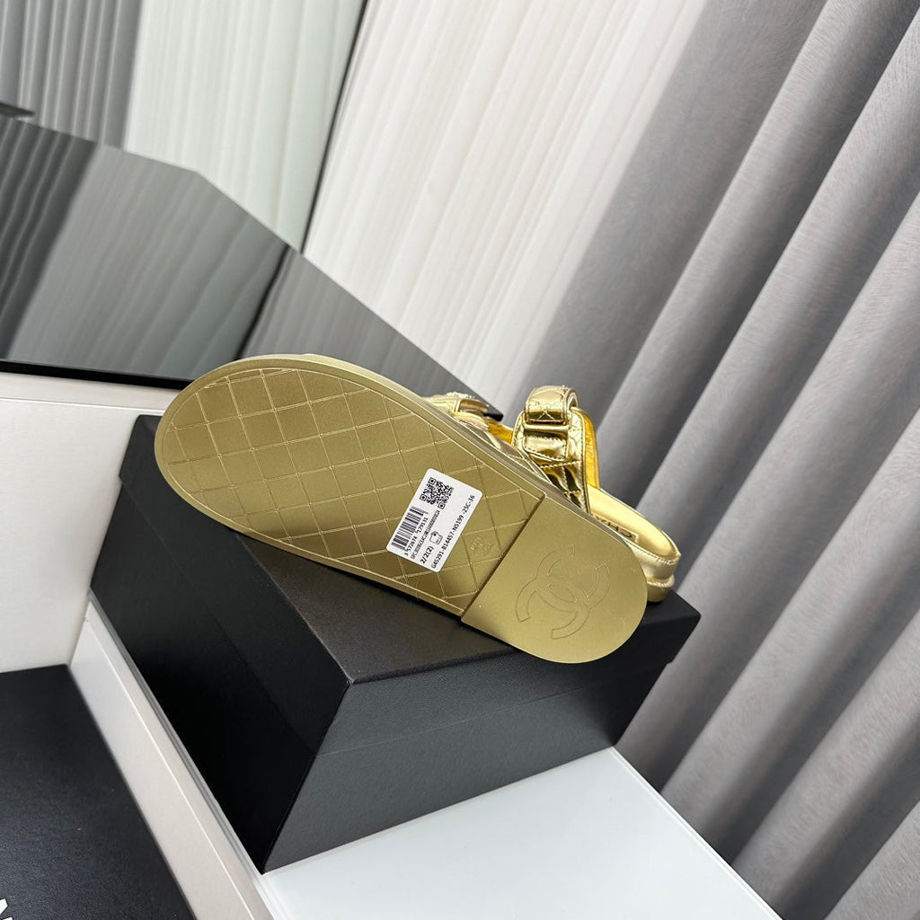 Chanel Dad Sandals Gold Metalic Lambskin Mules