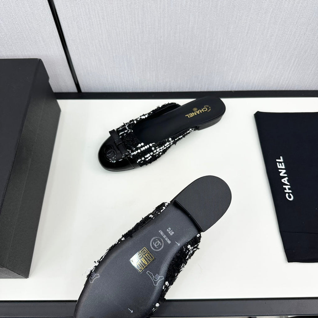 Chanel Bow Mule in Black Mix White Fur and Calfskin