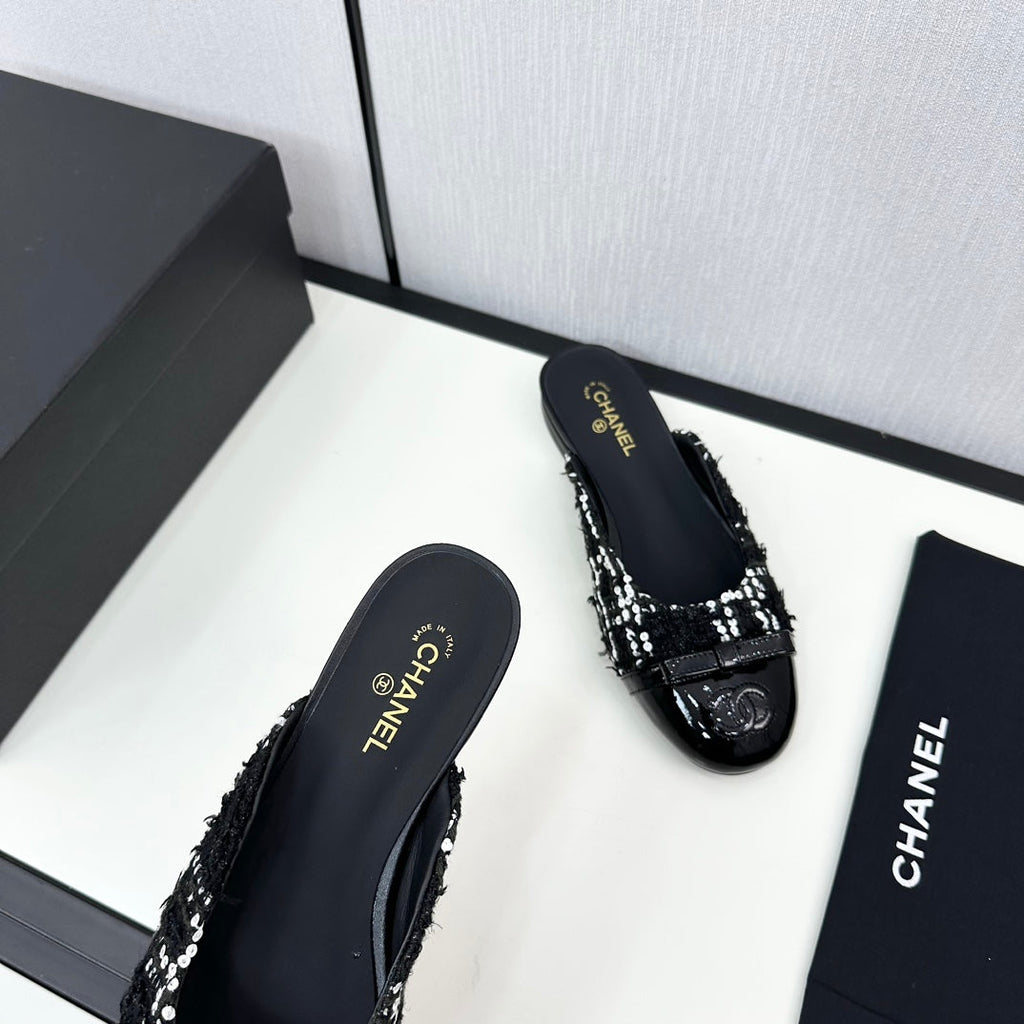 Chanel Bow Mule in Black Mix White Fur and Calfskin