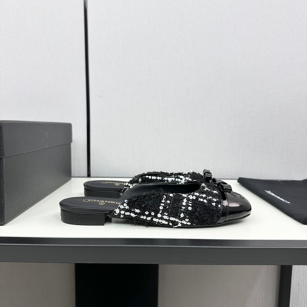 Chanel Bow Mule in Black Mix White Fur and Calfskin