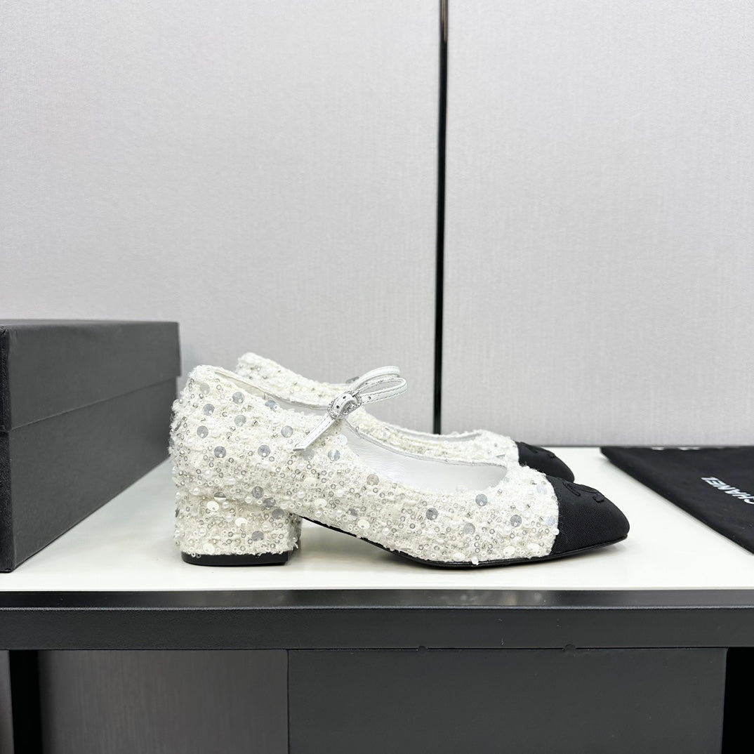 Chanel Mary Jane in Black Mix White Sequins and Velvet