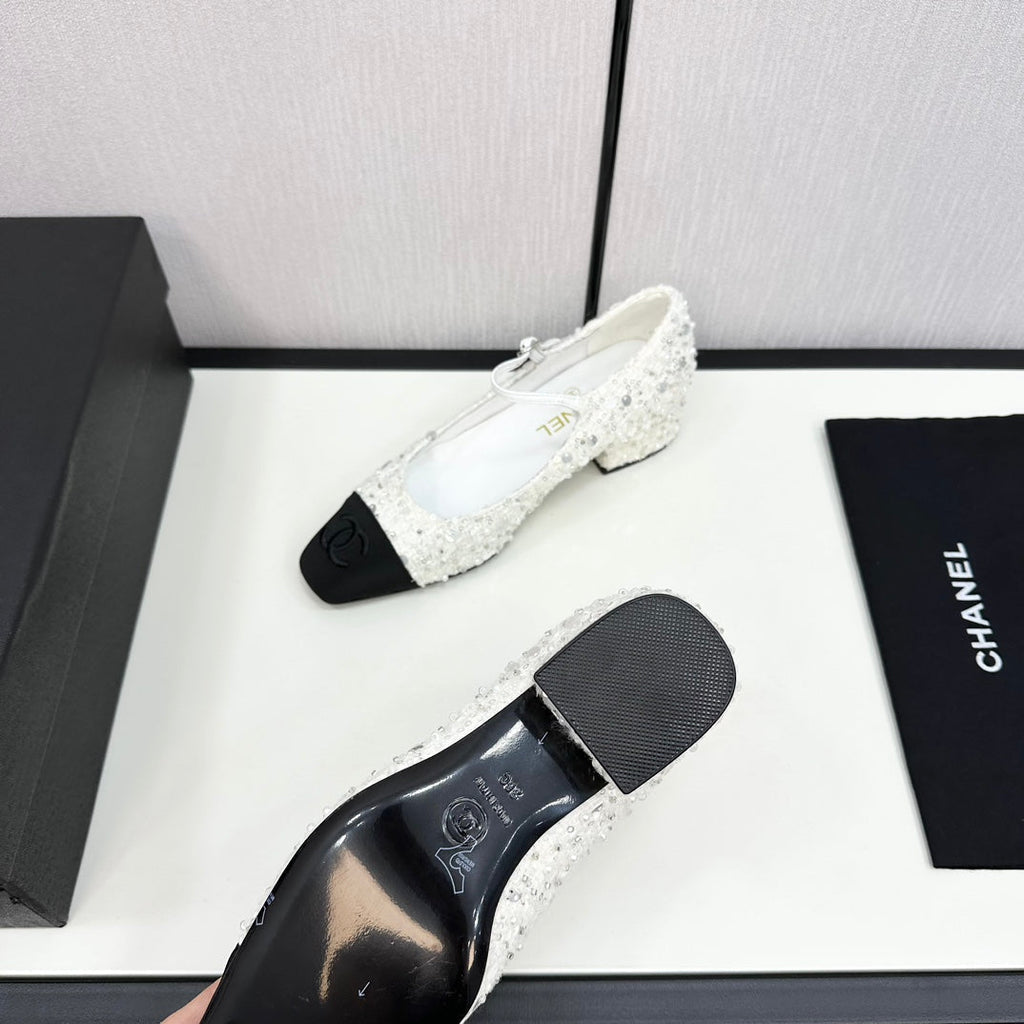 Chanel Mary Jane in Black Mix White Sequins and Velvet