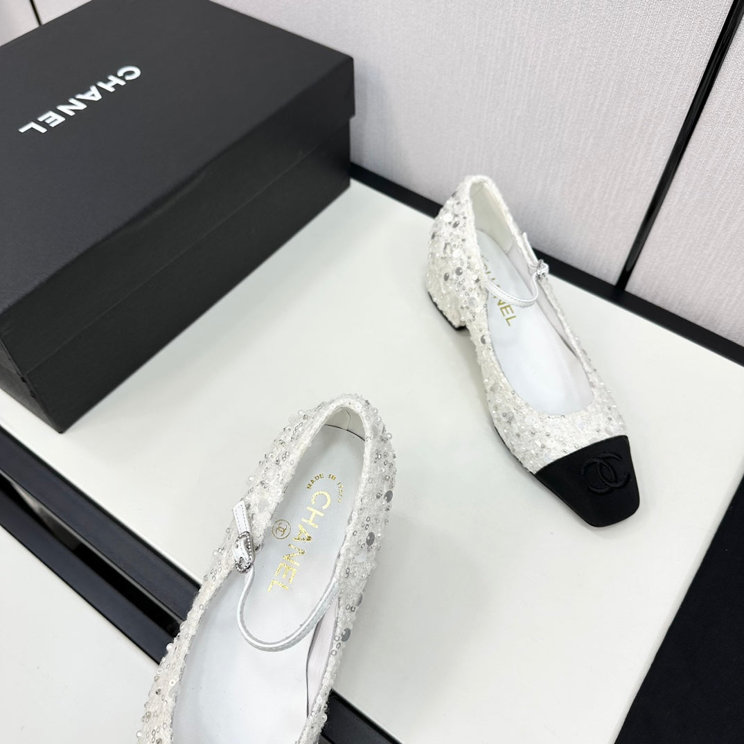 Chanel Mary Jane in Black Mix White Sequins and Velvet