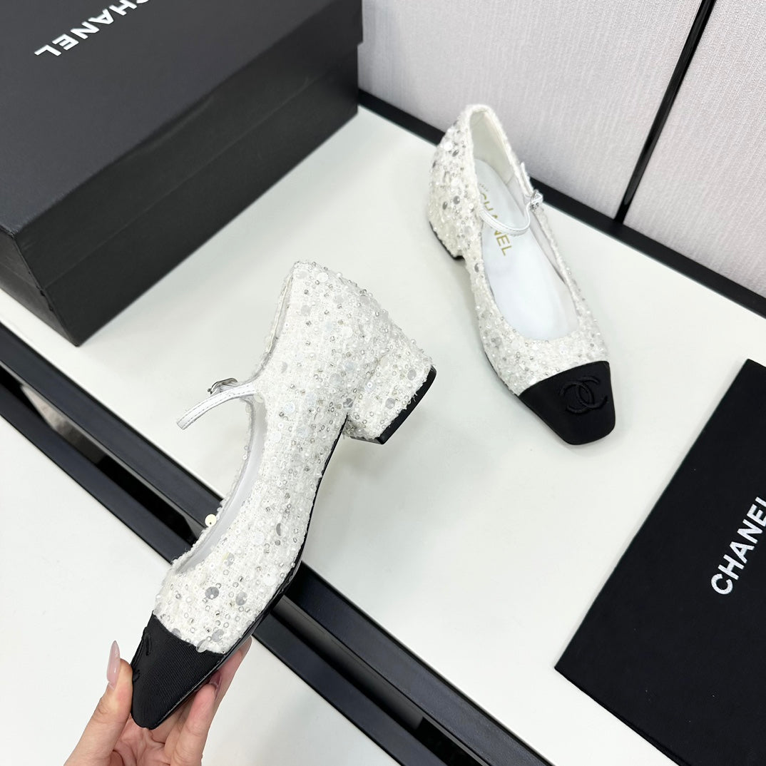 Chanel Mary Jane in Black Mix White Sequins and Velvet