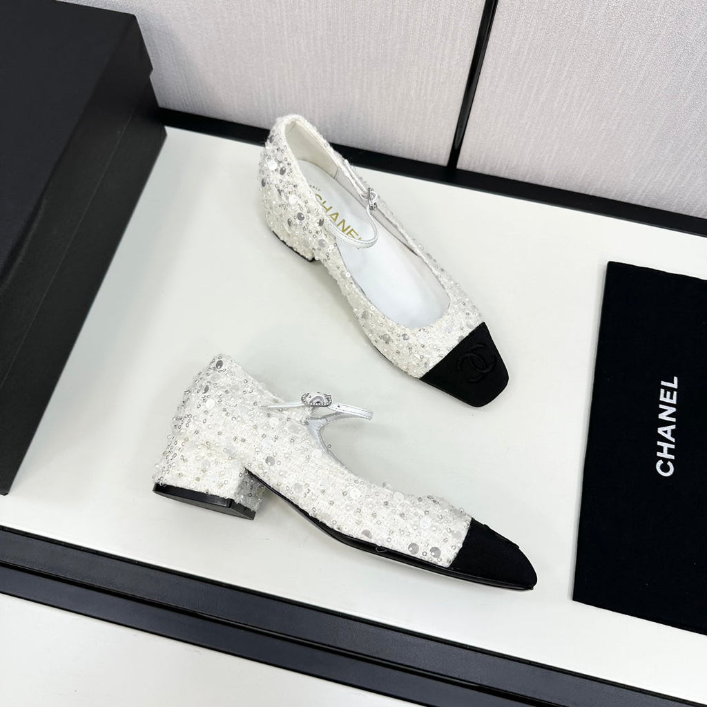 Chanel Mary Jane in Black Mix White Sequins and Velvet