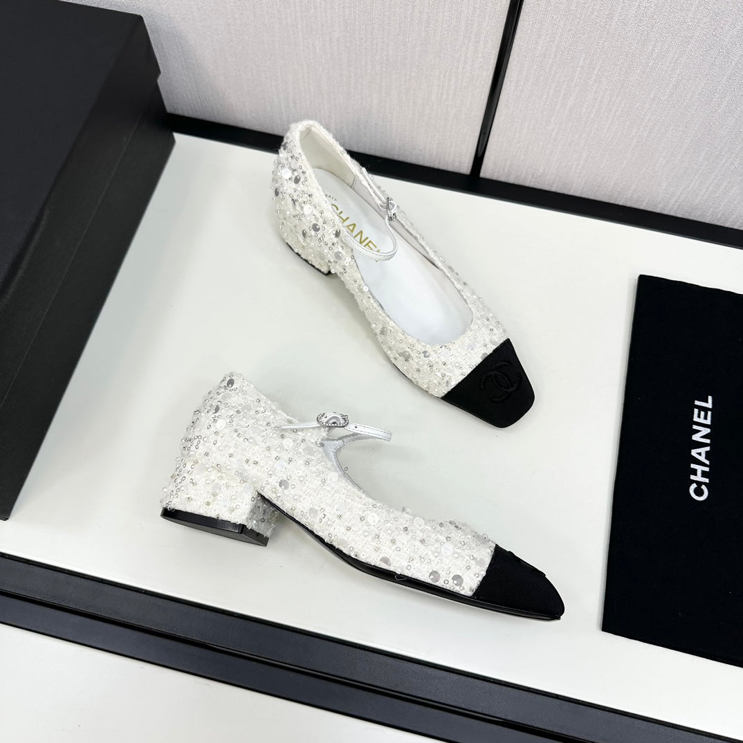 Chanel Mary Jane in Black Mix White Sequins and Velvet