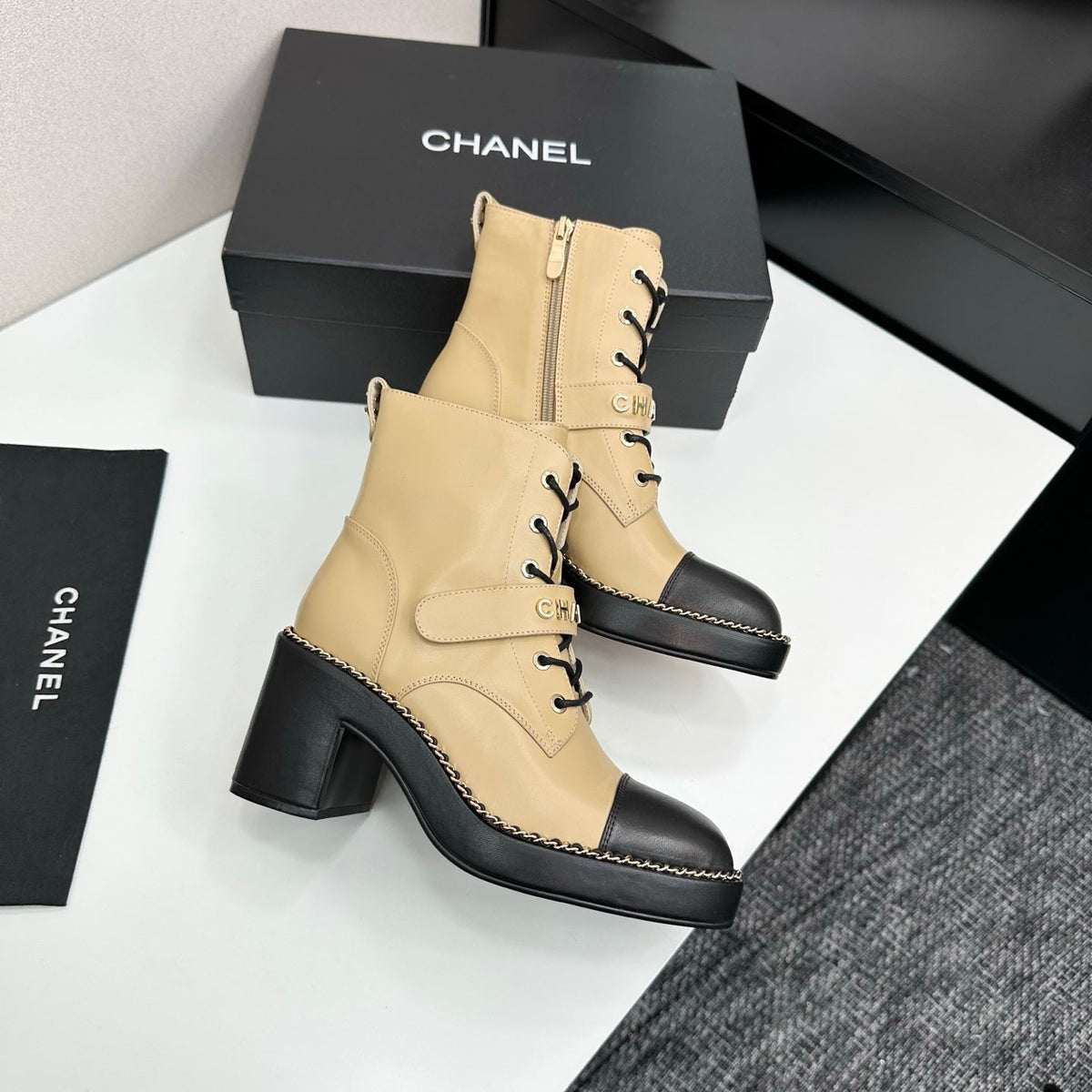 Chanel 25S Lace-Up Heeled Ankle Boots in Light Gold Calfskin