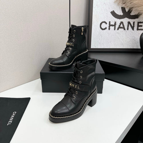 Chanel 25S Lace-Up Heeled Ankle Boots in Black Calfskin