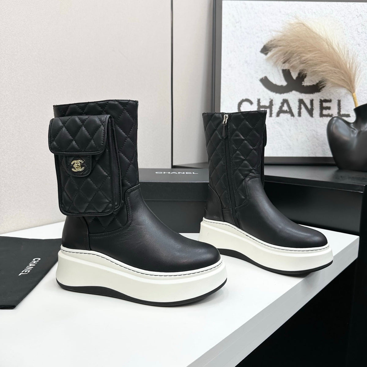 Chanel 25S Wedge Ankle Boots in Black Calfskin Silver Hardware