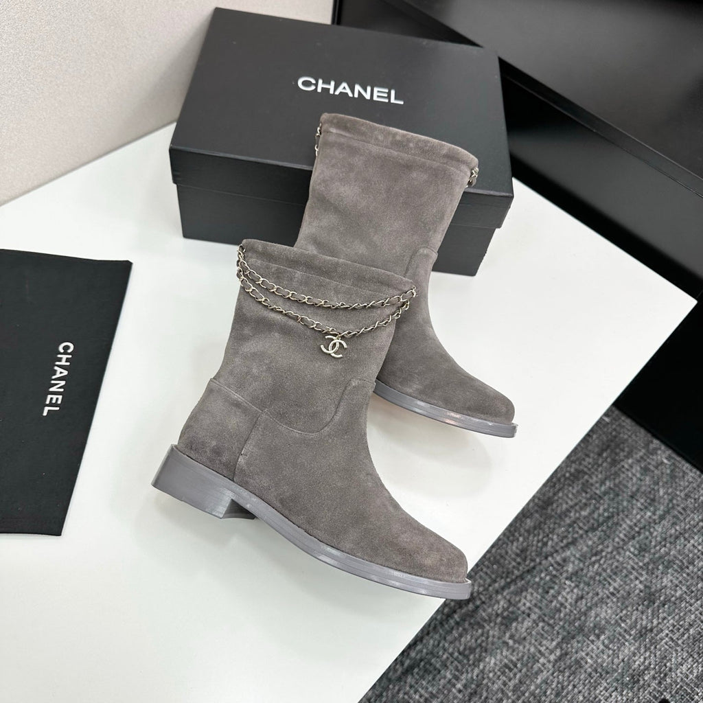 Chanel 25S Short Boots in Gray Suede Silver Hardware