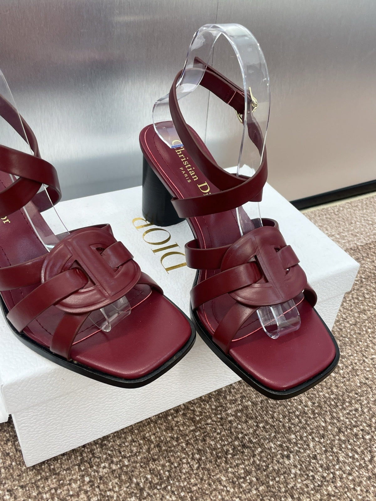 Dior D-Club High Heel Slide 25S 80mm in Burgundy Red Calfskin