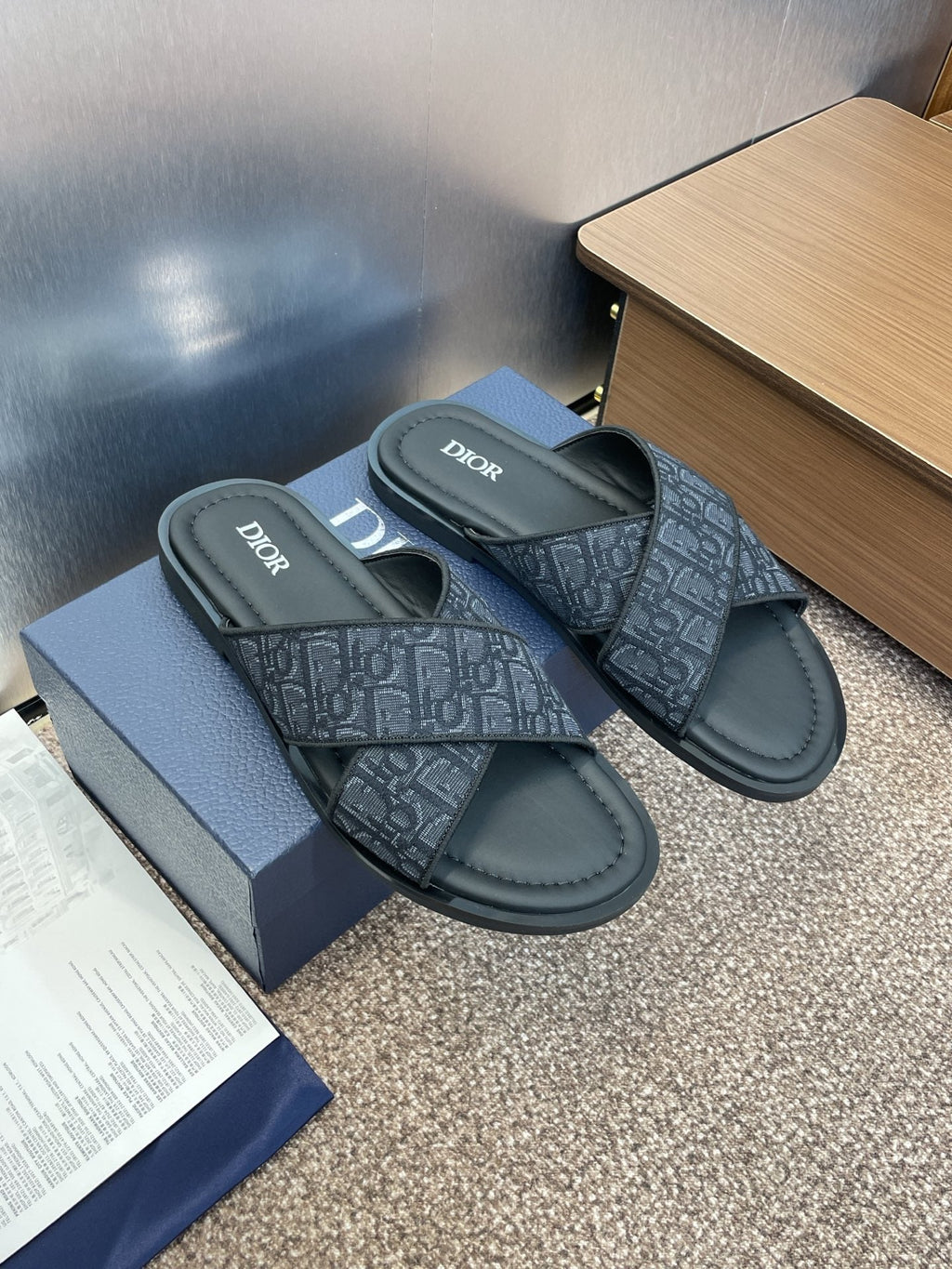 Dior 25S Alias Cross-Strap Slides in Black Calfskin with CD Oblique Dark Blue Logo