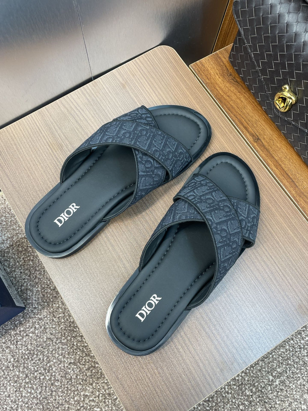 Dior 25S Alias Cross-Strap Slides in Black Calfskin with CD Oblique Dark Blue Logo