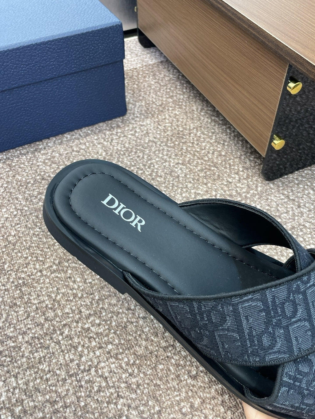 Dior 25S Alias Cross-Strap Slides in Black Calfskin with CD Oblique Dark Blue Logo