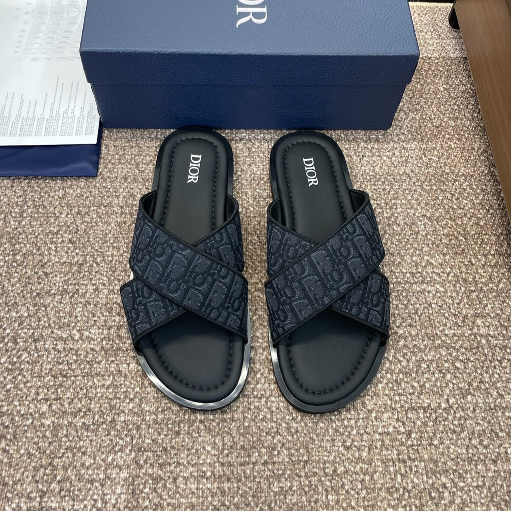 Dior 25S Alias Cross-Strap Slides in Black Calfskin with CD Oblique Dark Blue Logo
