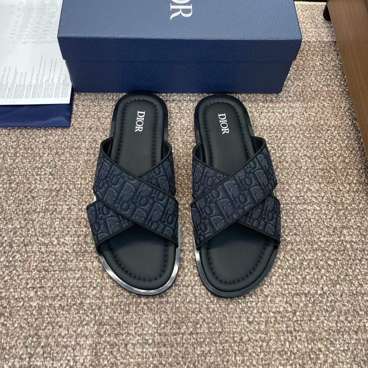 Dior 25S Alias Cross-Strap Slides in Black Calfskin with CD Oblique Dark Blue Logo