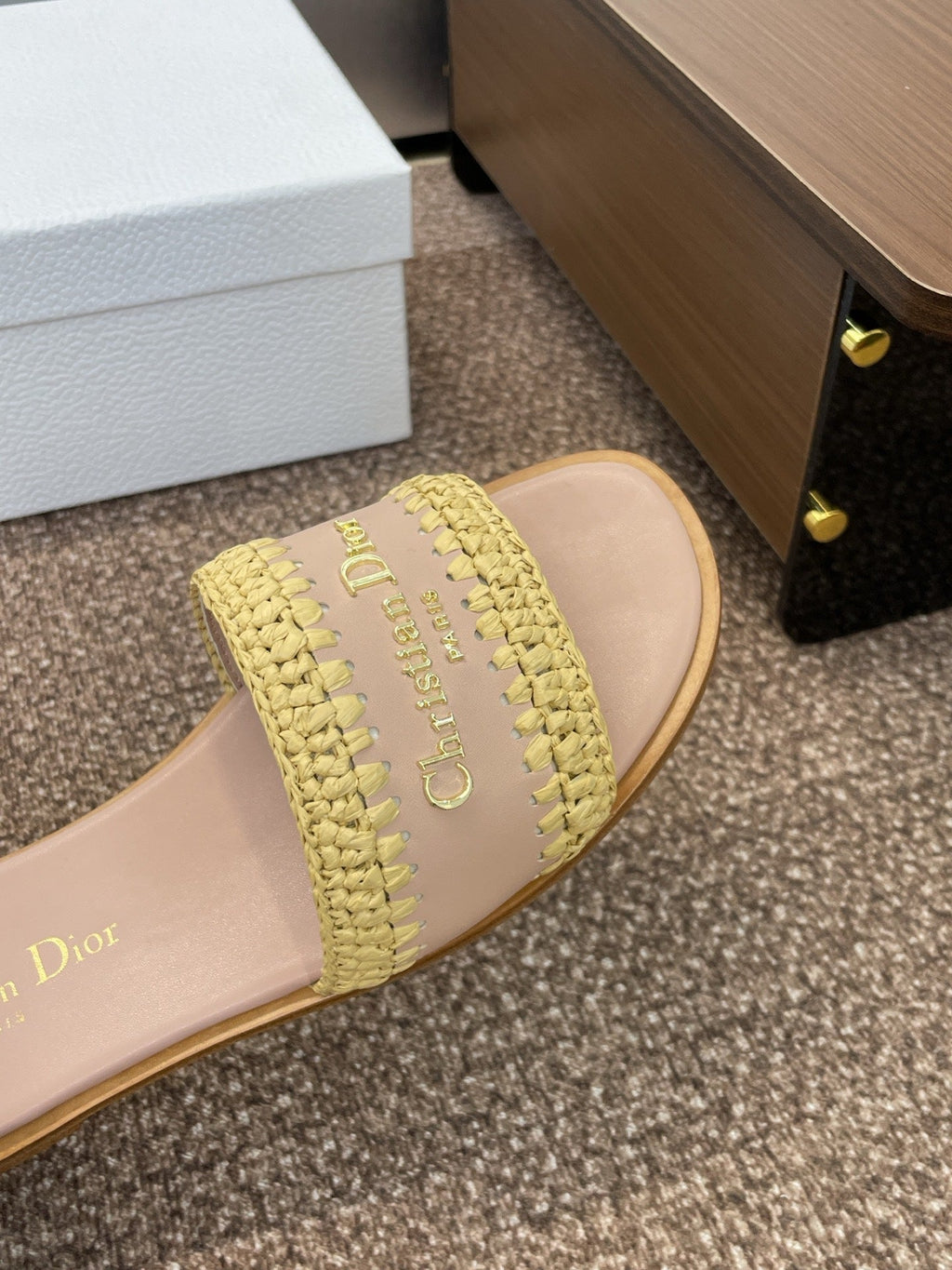 Dior 25S D-Lane Slide Nude Calfskin and Yellow Braided Raffia