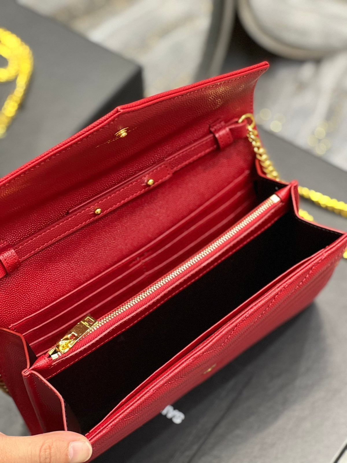 Saint Laurent Yl WOC 22 Red Cheveron Caviar Gold Hardware