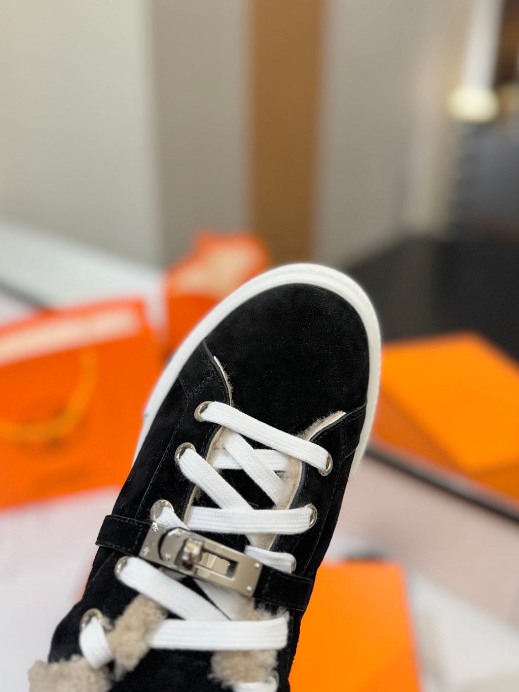 Hermes Day Sneaker in Black Suede and Fleece Lining